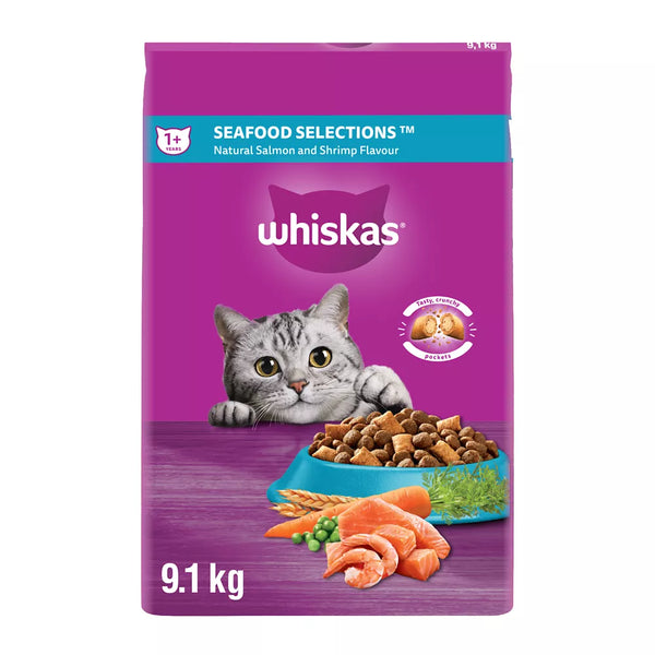 Whiskas Adult Dry Cat Food Seafood Selections - Salmon & Shrimp, High Protein