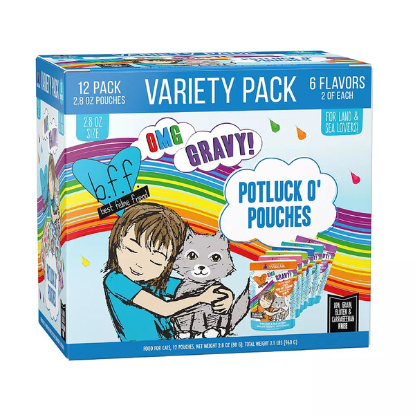 B.F.F. OMG Gravy! For Land & Sea Lovers Potluck O' Pouches Wet Cat Food - Variety Pack, 12ct