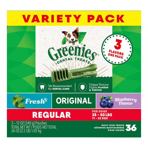 Greenies Regular Natural Adult Dog Dental Treats Variety Pack - Original, Minty & Blueberry