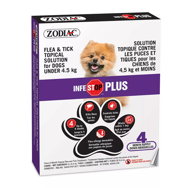 ZODIAC Infestop Plus Topical Flea Treatment for Dogs UNDER 4.5 kg - 4 Count
