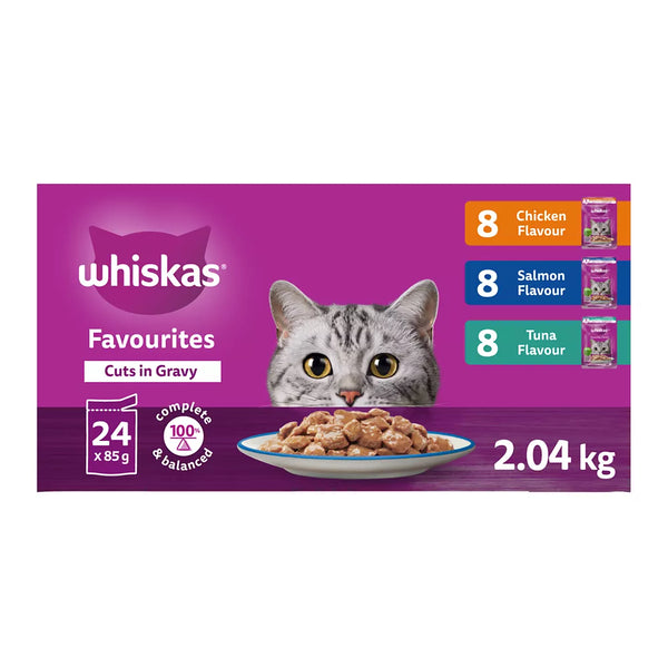 WHISKAS Favourites Adult Wet Cat Food Cuts In Gravy Chicken, Salmon, Tuna - Pouch Variety Pk, 24 Pk