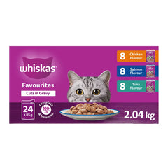 WHISKAS Favourites Adult Wet Cat Food Cuts In Gravy Chicken, Salmon, Tuna - Pouch Variety Pk, 24 Pk