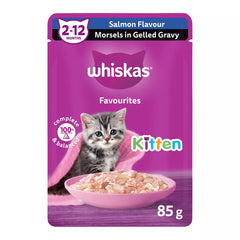 WHISKAS Favourites Kitten Wet Cat Food Morsels In Gelled Gravy Salmon - Pouch, 85g