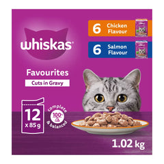 WHISKAS Favourites Adult Wet Cat Food Chicken & Salmon Cuts In Gravy - Pouch Variety Pack, 12 Count