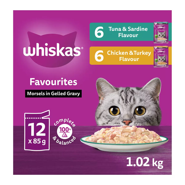 WHISKAS Favourites Adlt Wet Cat Food Morsels In Gelled Gravy, Tuna/Sardine/Chicken/Turkey-Vrty 12 Pk