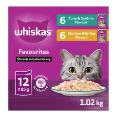 WHISKAS Favourites Adlt Wet Cat Food Morsels In Gelled Gravy, Tuna/Sardine/Chicken/Turkey-Vrty 12 Pk