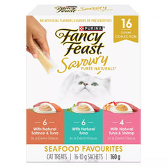 Fancy Feast Savoury Puree Naturals Cat Treats - Seafood Favourites Variety Pack, 16 Count