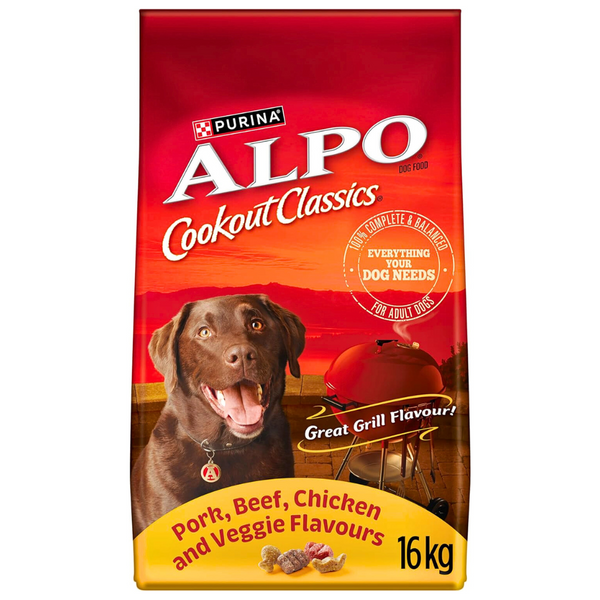 Alpo Cookout Classics Dry Dog Food, Pork, Beef, Chicken & Veggie - 16 kg Bag