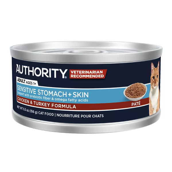 Authority Cat - Adult, Wet Food, Sensitive Stomach + Skin, Chicken, Turkey, 5.5 OZ