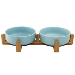 Double Ceramic Pet Bowl with Bamboo Stand