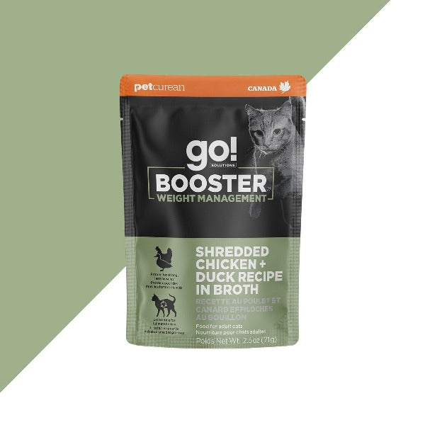 Go! Solutions Booster Weight Management Shredded Chicken + Duck in Bone Broth Wet Cat Food